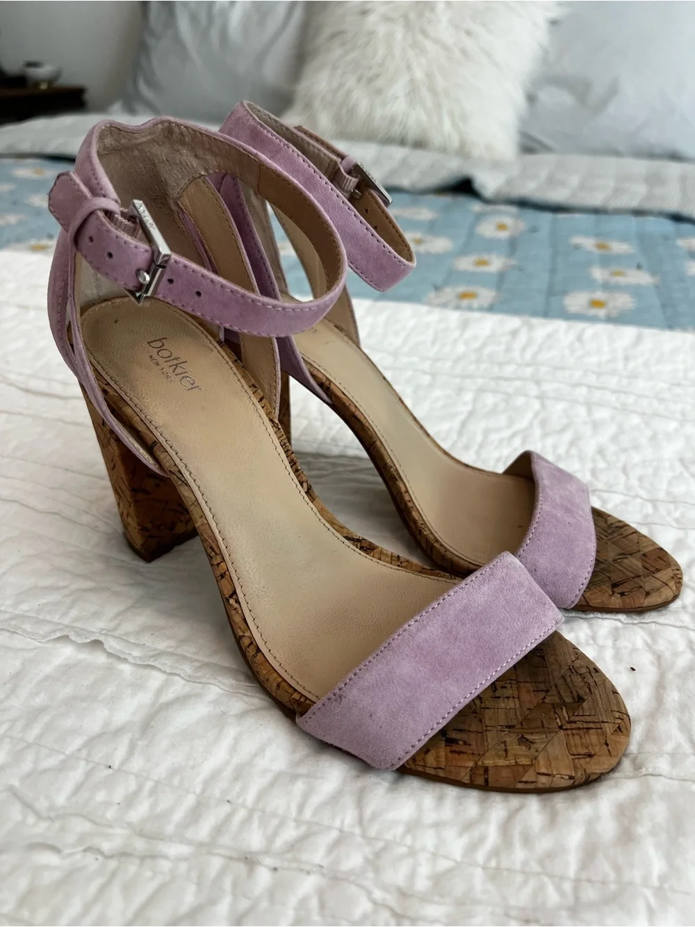Anthropologie Botkier Gianna Ankle-Strap Suede Cork Heel Sandals Lilac Size 7.5